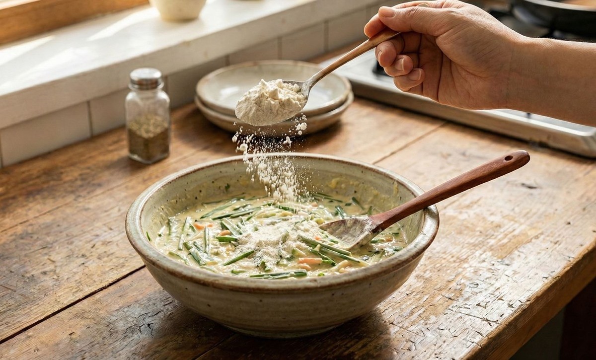 부추전 반죽에 튀김가루를 넣는 모습. 기사 이해를 돕기 위해 AI를 활용해 제작한 자료 사진입니다.