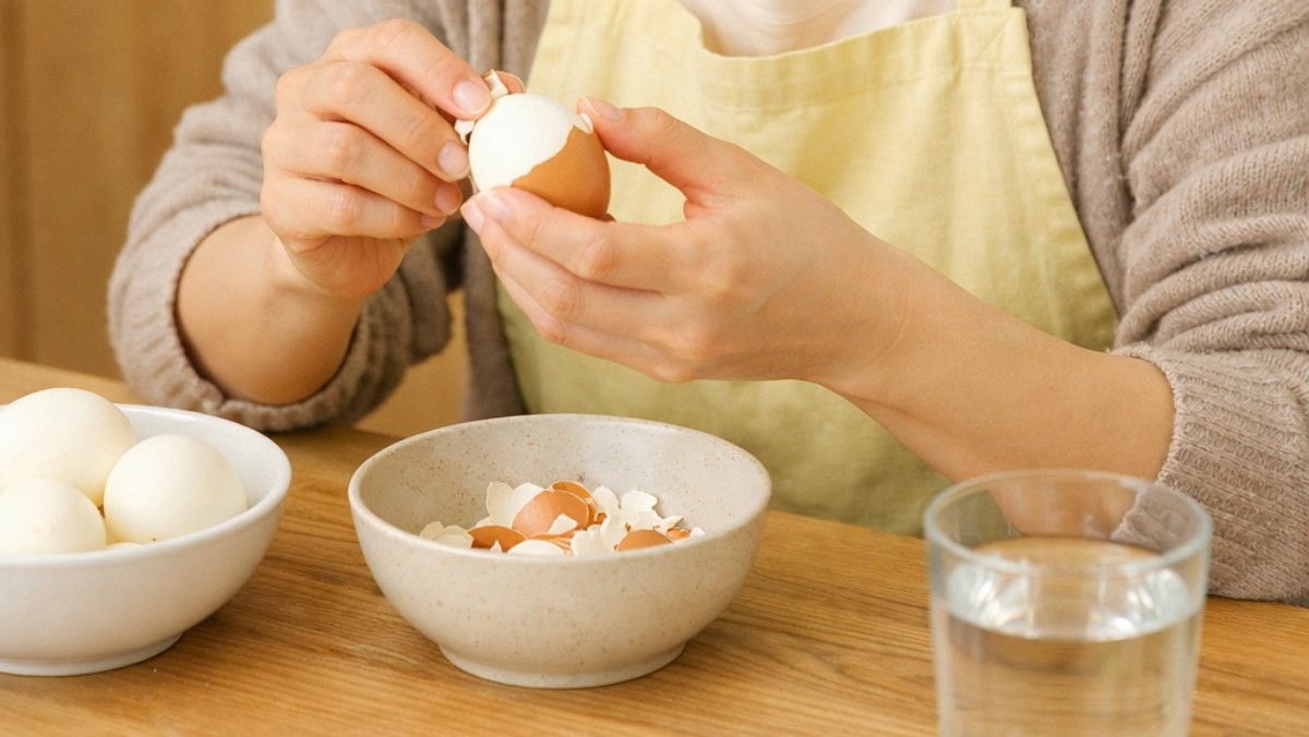 계란 껍질을 까는 모습. AI가 생성한 자료사진.