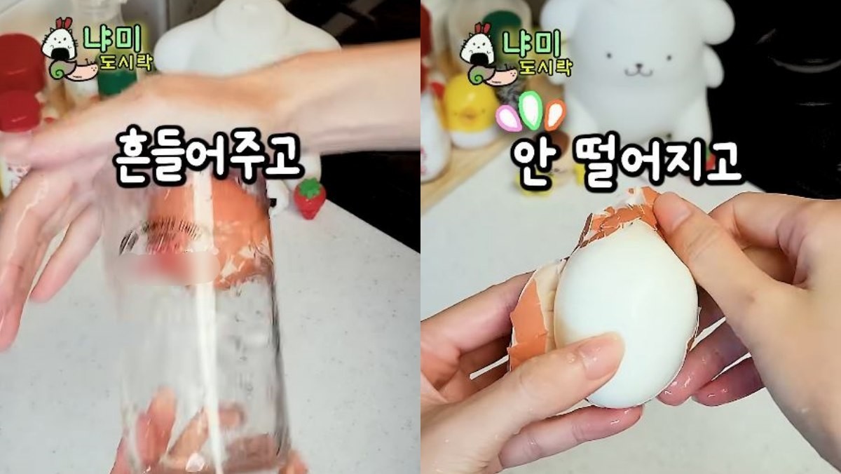 삶은 계란을 컵에 넣고 물과 함께 흔들어 손쉽게 껍질을 까는 모습. / 유튜브 '냐미 도시락 Nyami Lunchbox'