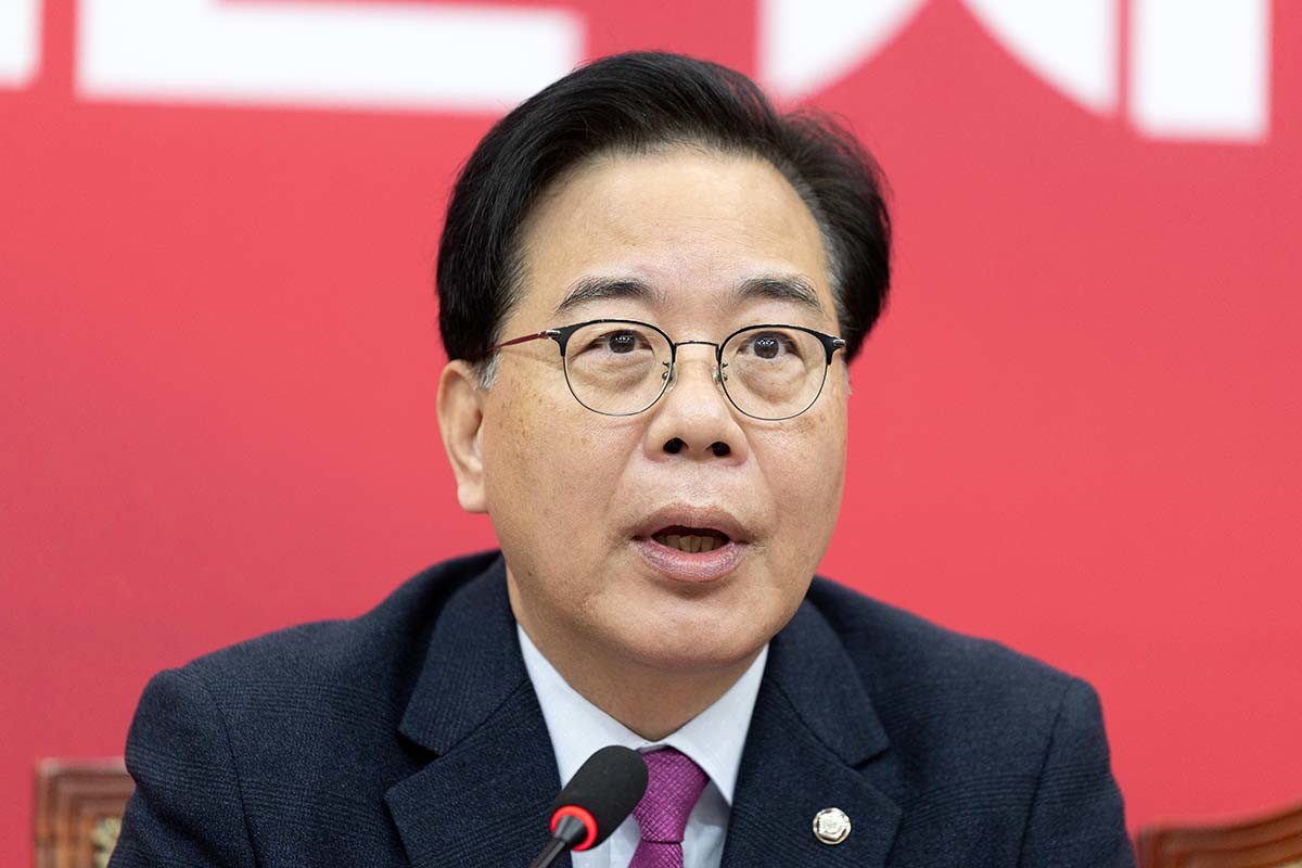 송언석 국민의힘 원내대표가 20일 서울 여의도 국회에서 열린 원내대책회의에서 모두발언하고 있다.  / 뉴스1