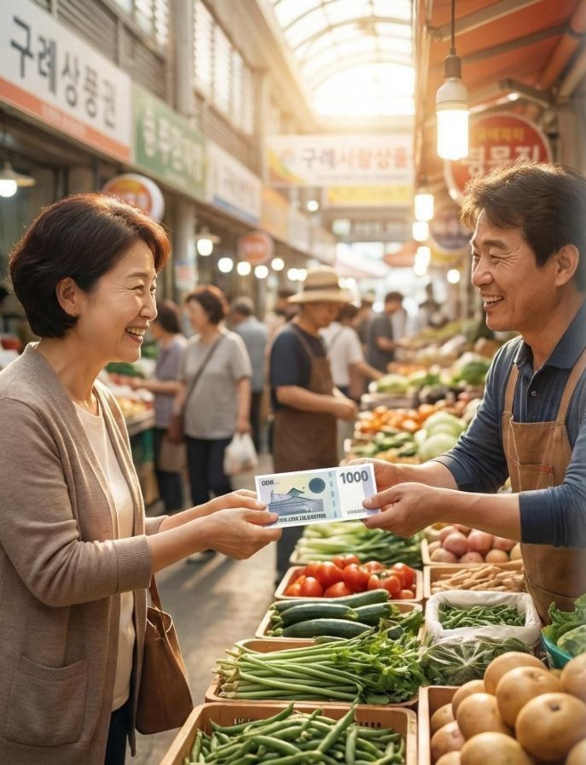 지급된 상품권은 전통시장과 마트, 식당, 관내 하나로마트 등 가맹점에서 사용 가능. 기사 내용 토대로 AI툴 활용해 제작한 자료사진.