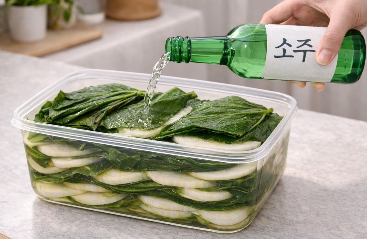 깻잎과 무에 소주를 넣는 모습. 기사 이해를 돕기 위해 AI를 활용해 제작한 자료 사진입니다. 실제 모습과 다소 차이가 있을 수 있습니다.