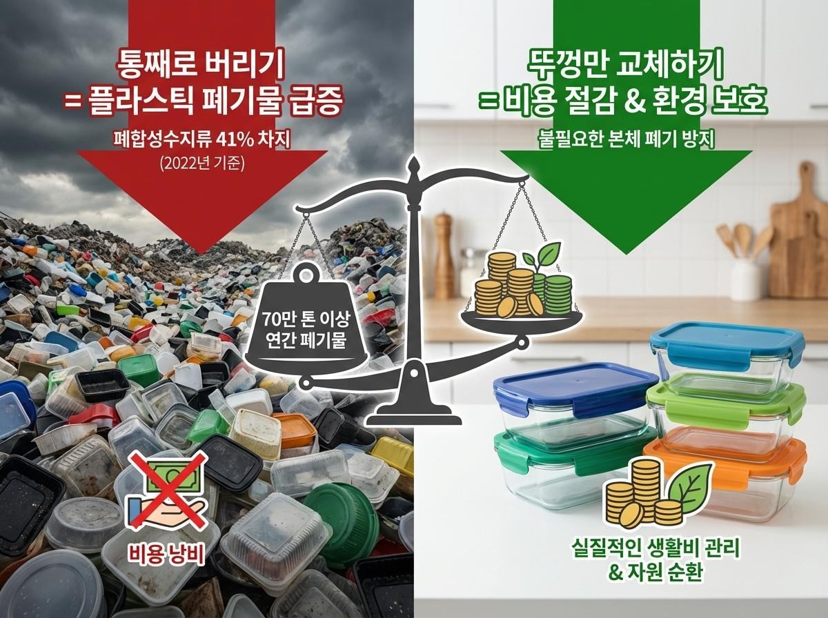 반찬통 뚜껑만 교체하는 방식은 비용 절감뿐 아니라 생활 폐기물 감소 효과도 함께 가져온다. 본체를 그대로 사용하면서 밀폐 성능을 회복할 수 있어 실질적인 생활비 관리로 이어진다.    기사 내용 토대로 AI툴 활용해 제작한 자료사진.