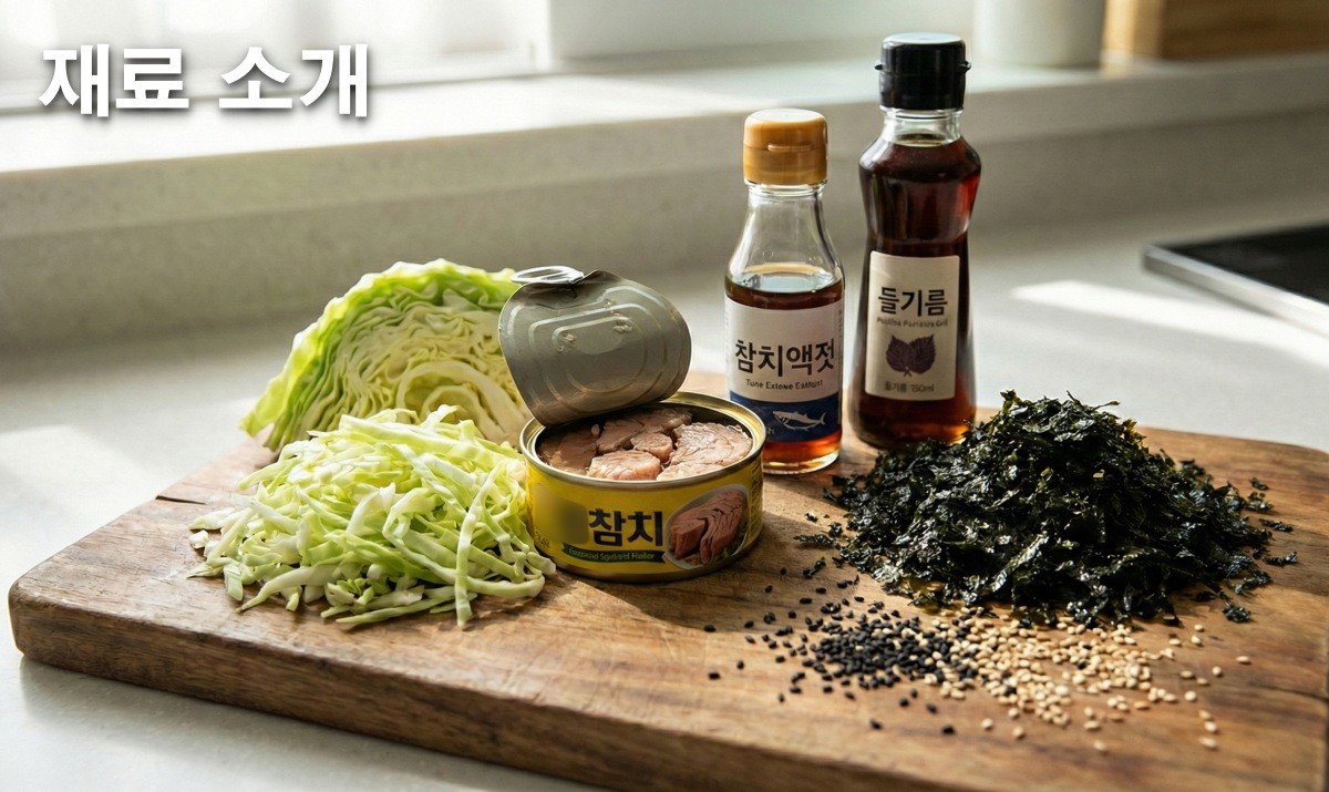 '양배추 참치 샐러드'에 필요한 재료다. 양배추, 참치, 참치액, 들기름, 김자반, 깨를 준비한다. AI를 활용해 제작한 이미지.