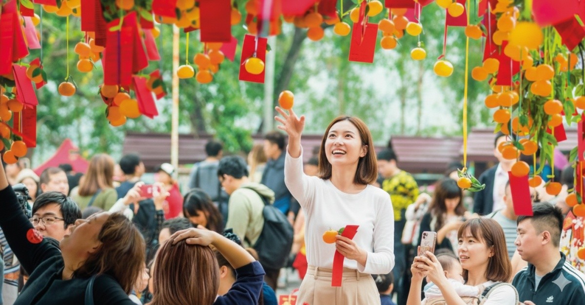 람추엔 소원나무에 오렌지를 던지고 있는 모습을 AI로 생성한 이미지.