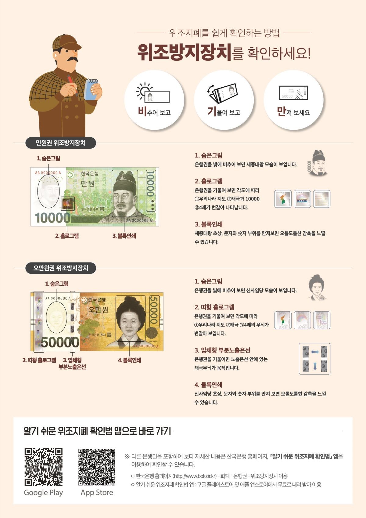 위조지폐를 쉽게 확인하는 방법   / 한국은행 제공