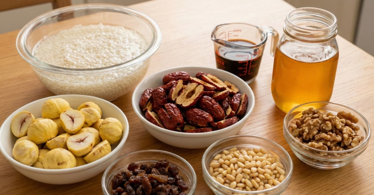 찹쌀과 밤, 대추, 견과류 등 재료를 준비한다. 기사의 이해를 돕기 위한 AI 생성 이미지