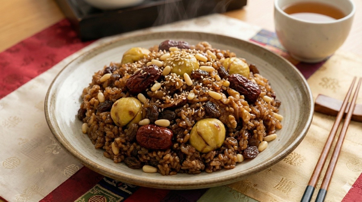 완성된 약밥 위에 참기름과 통깨를 올려 설 상차림용으로 준비한다. 기사의 이해를 돕기 위한 AI 생성 이미지