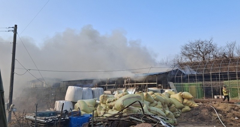 축사 화재현장에 진화작업 중인 소방대원 / 영덕소방서