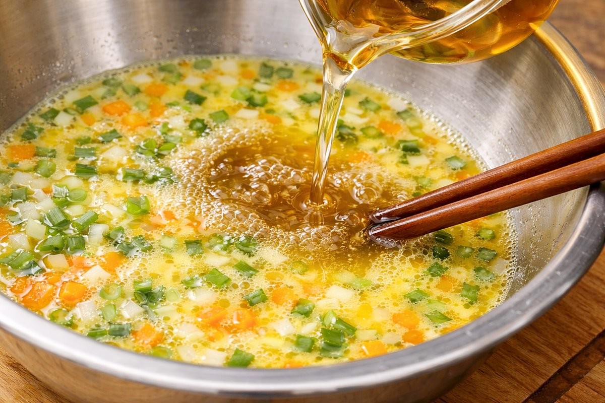 계란물에 다시마 육수를 붓는 모습. 기사 이해를 돕기 위해 AI를 활용해 제작한 자료 사진입니다. 실제 모습과 다소 차이가 있을 수 있습니다.