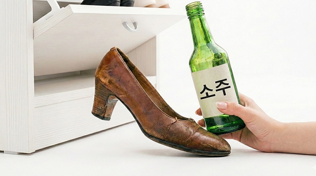 낡은 구두와 소주 모습. 기사 이해를 돕기 위해 AI를 활용해 제작한 자료 사진입니다. 실제 모습과 다소 차이가 있을 수 있습니다.