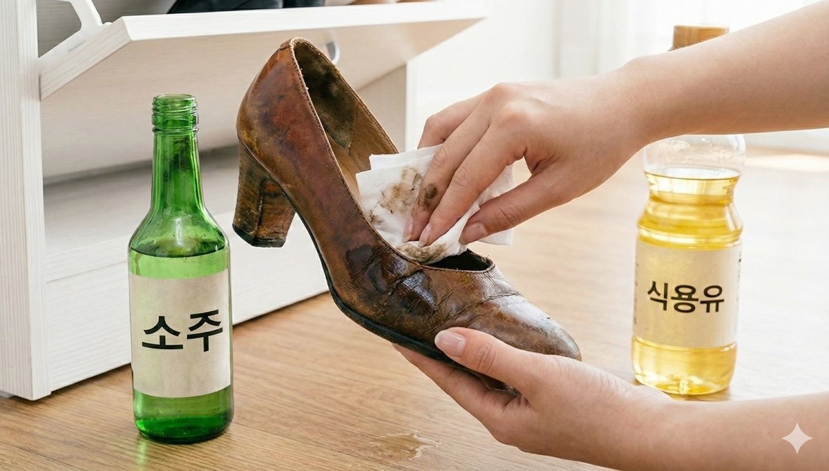 소주와 식용유를 활용해 낡은 구두를 세척하고 되살리는 모습. 기사 이해를 돕기 위해 AI를 활용해 제작한 자료 사진입니다. 실제 모습과 다소 차이가 있을 수 있습니다.