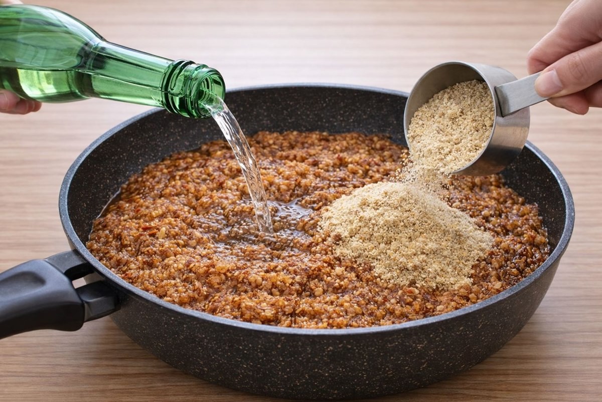 준비한 된장에 멸치가루(오른쪽)와 소주(소주잔 기준 1컵 정도)를 넣는 모습. 기사 이해를 돕기 위해 AI를 활용해 제작한 자료 사진입니다. 실제 모습과 다소 차이가 있을 수 있습니다.