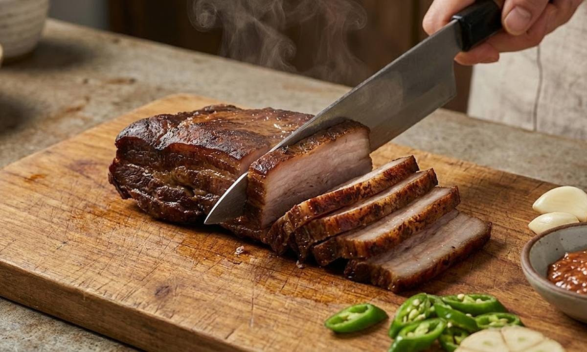 잘 익은 수육을 칼로 써는 모습. 기사에 대한 이해를 돕기 위해 AI 툴로 제작한 자료 사진