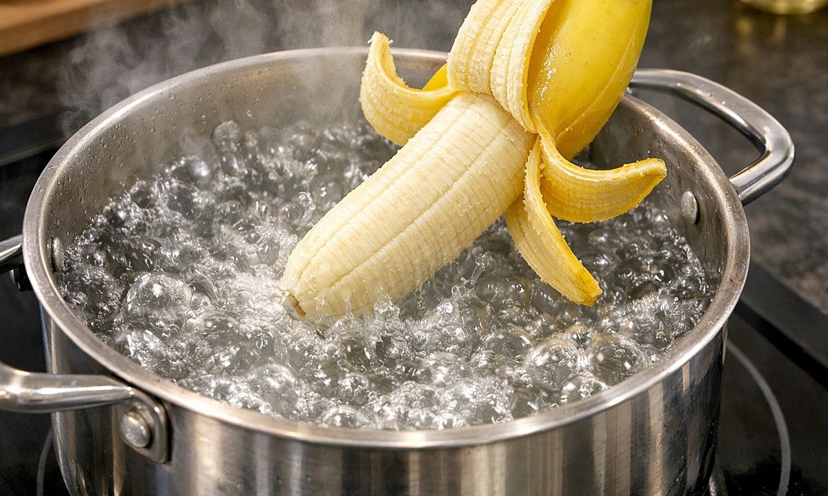 바나나를 끓는 물에 넣는 모습. 기사 이해를 돕기 위해 AI를 활용해 제작한 자료 사진입니다. 실제 모습과 다소 차이가 있을 수 있습니다.