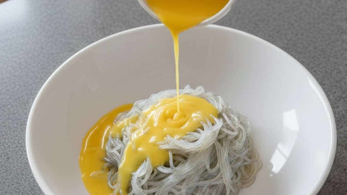 불린 당면에 계란물을 붓는 모습. AI가 생성한 자료사진.