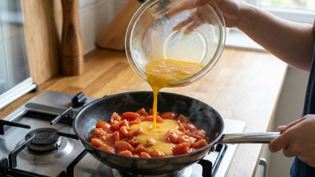 토마토에 계란물을 붓는 모습 / 기사 내용을 바탕으로 제작한 AI 이미지