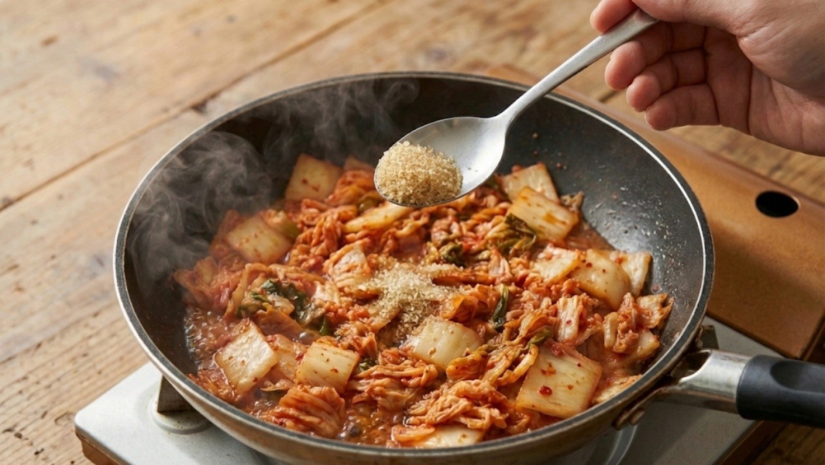 김치 볶음에 원당을 넣는 모습 / 기사 내용을 바탕으로 제작한 AI 이미지