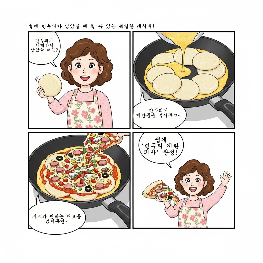 [만화] '만두피 계란 피자' 만드는 네컷 만화. AI가 생성한 자료사진.
