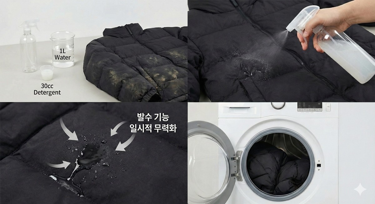 패딩 세탁 전 세제 섞은 물을 뿌려 사전 처리를 하는 모습 / AI 생성 이미지