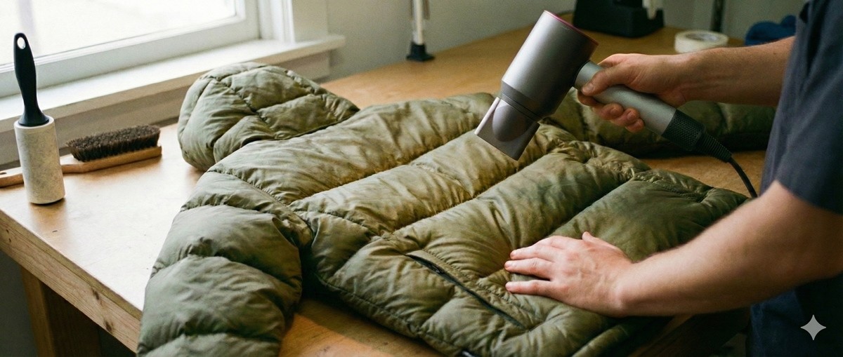 드라이기를 활용해 패딩 털빠짐을 방지하는 모습 / AI 생성 이미지