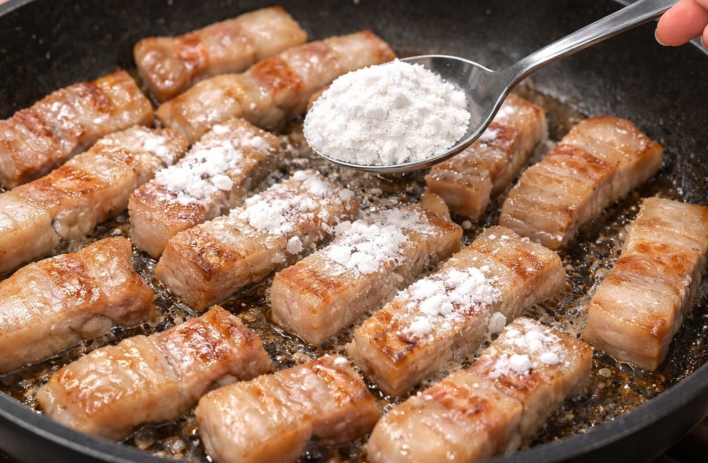 삼겹살에 전분을 뿌려주는 모습. 기사 이해를 돕기 위해 AI를 활용해 제작한 자료 사진입니다.