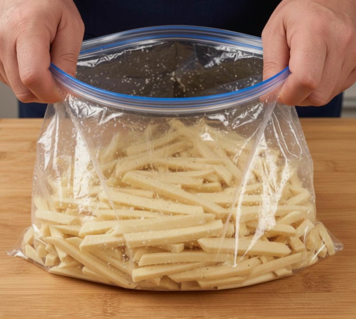 초간단 고구마스틱의 핵심 과정. 지퍼백에 넣고 흔들어 주기. 기사 내용 토대로 AI툴 활용해 제작한 자료사진.