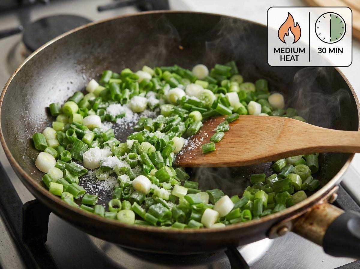 팬에 간 대파와 소금을 넣고 중불에서 30분 볶아 완성하기. 기사 내용 토대로 AI툴 활용해 제작한 자료사진.