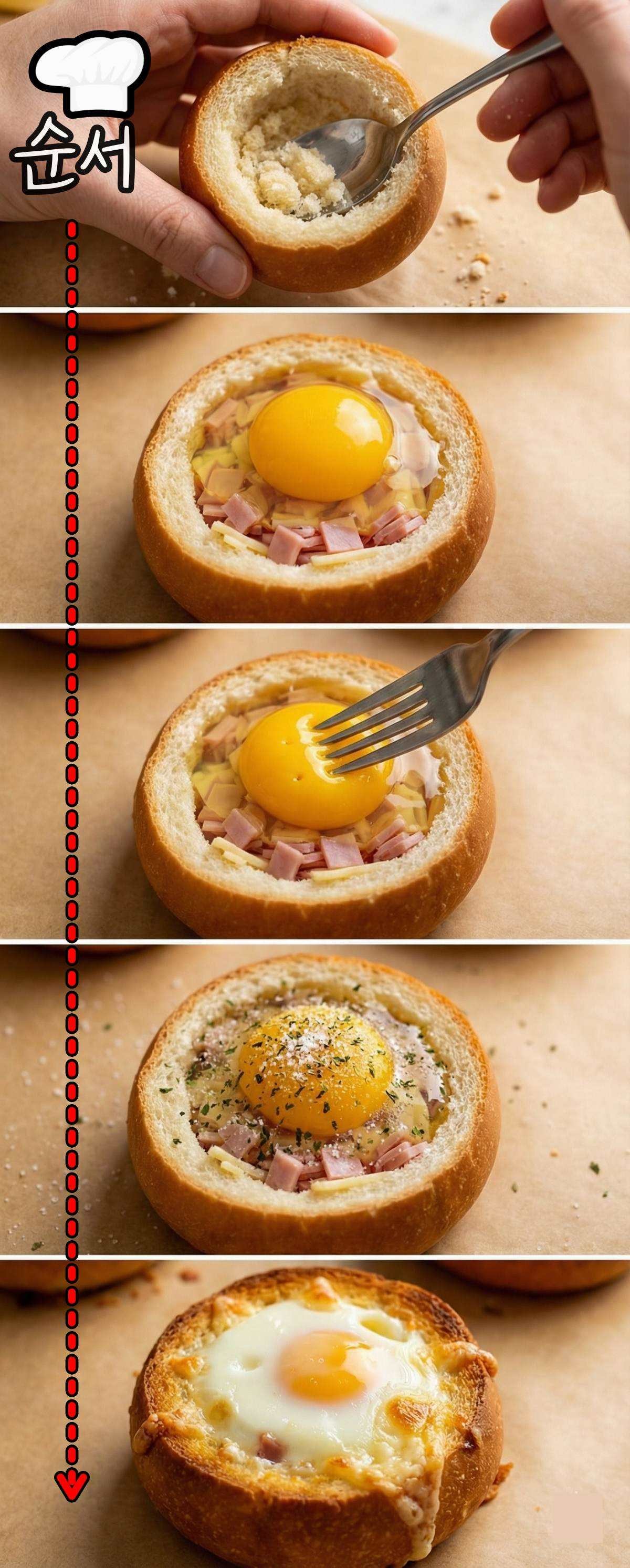 모닝빵으로 만드는 초간단 계란빵 레시피 순서. 기사 내용 토대로 AI툴 활용해 제작한 자료사진.