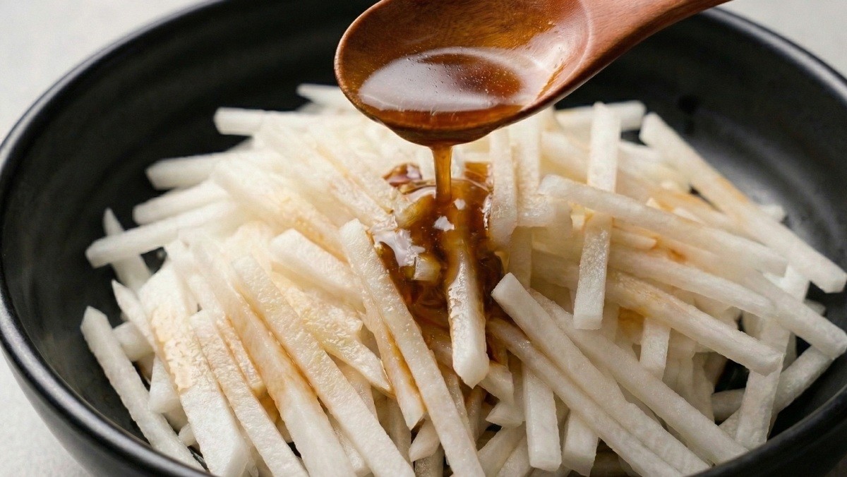 기사를 바탕으로 AI가 생성한 자료사진. 무에 소금과 함께 참치액을 넣고 절여주면 감칠맛이 올라간다.