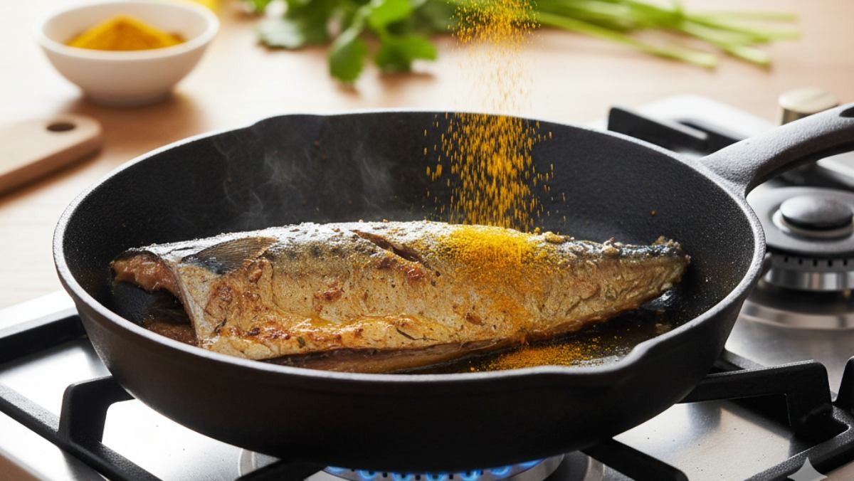 고등어에 카레가루를 뿌리는 모습 (AI로 제작됨)