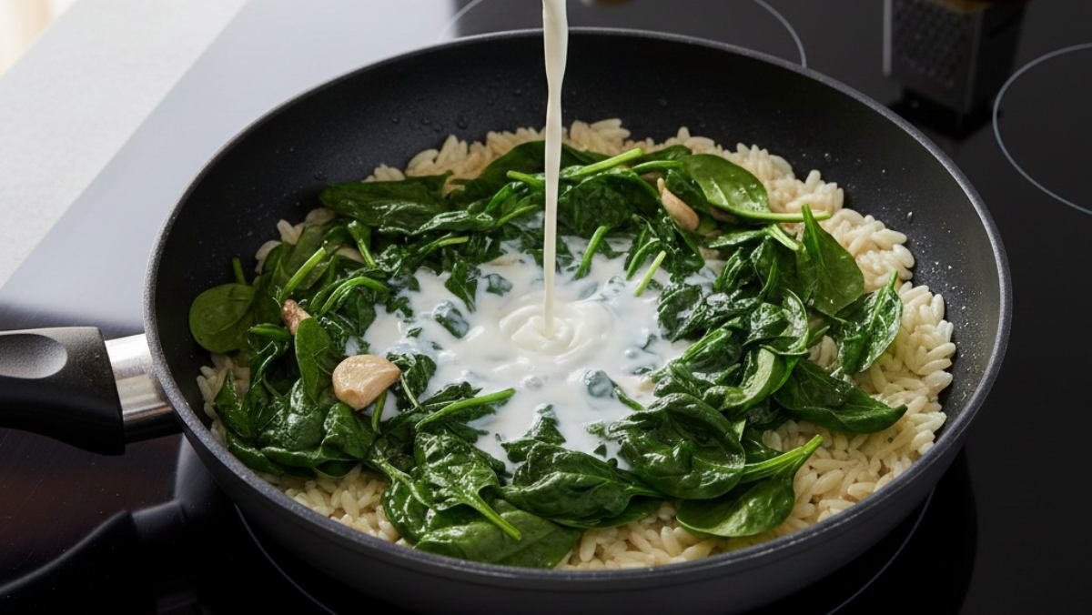 시금치에 우유를 붓는 모습 (AI로 제작됨)