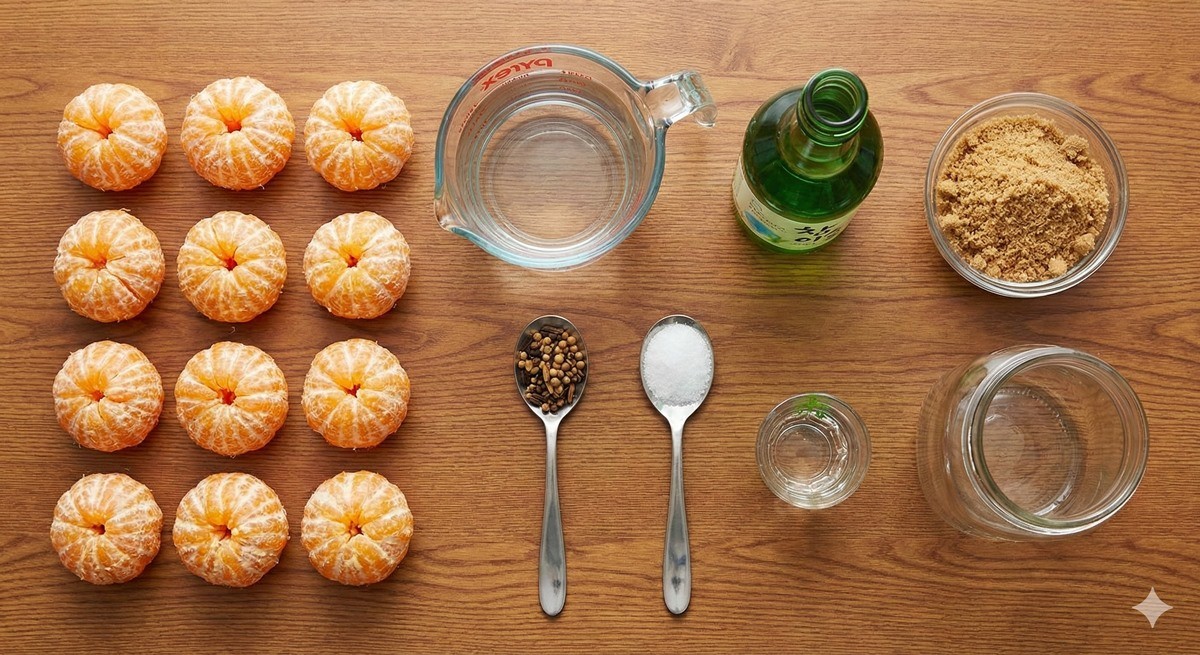 귤 피클 만들기에 필요한 재료들. 귤, 물, 소주, 식초, 황설탕, 소금, 피클링 스파이스 / AI 생성 이미지