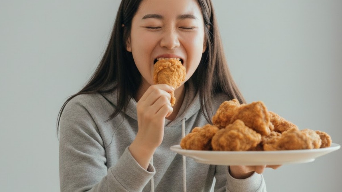 치킨 먹는 사람. AI가 만든 자료사진. (특정 브랜드 치킨과 연관이 없음을 밝힙니다.)