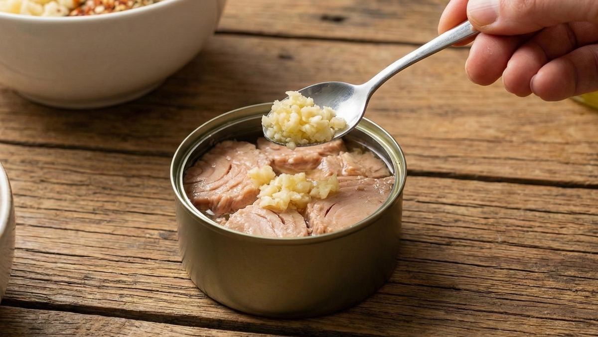 캔 참치에 다진 마늘을 얹는 모습(AI로 제작됨)