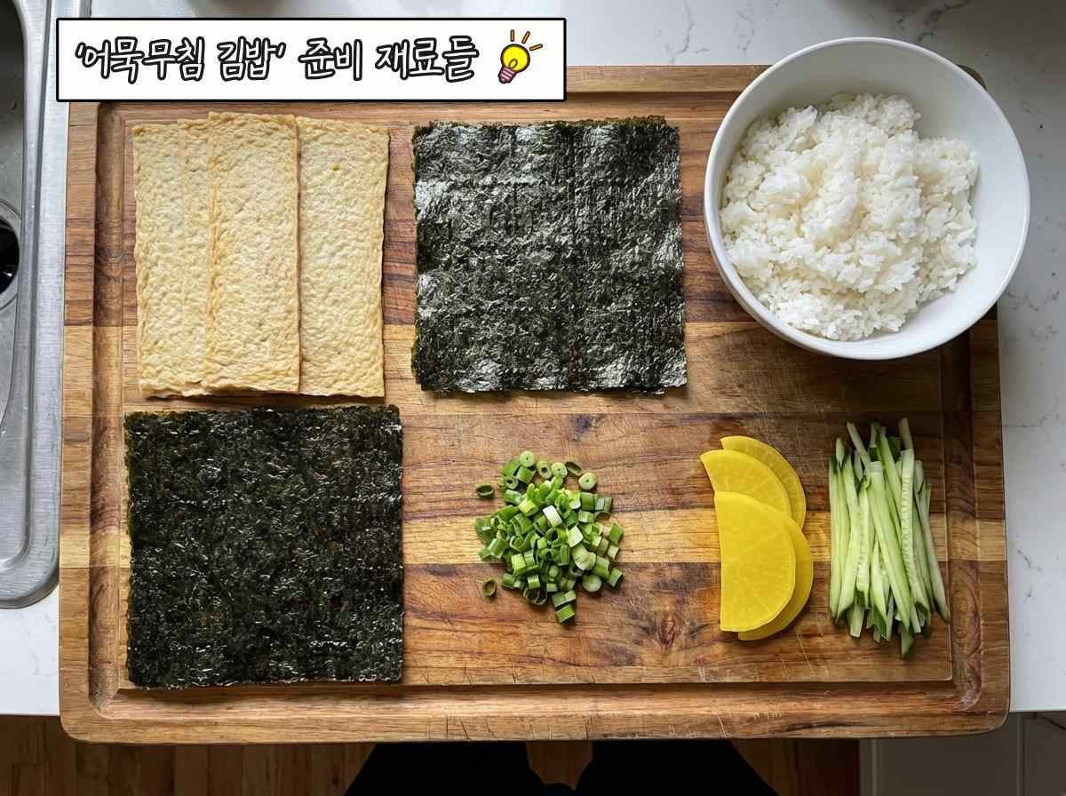 '어묵무침 김밥' 준비 재료들. 기사 내용 토대로 AI툴 활용해 제작한 자료사진.