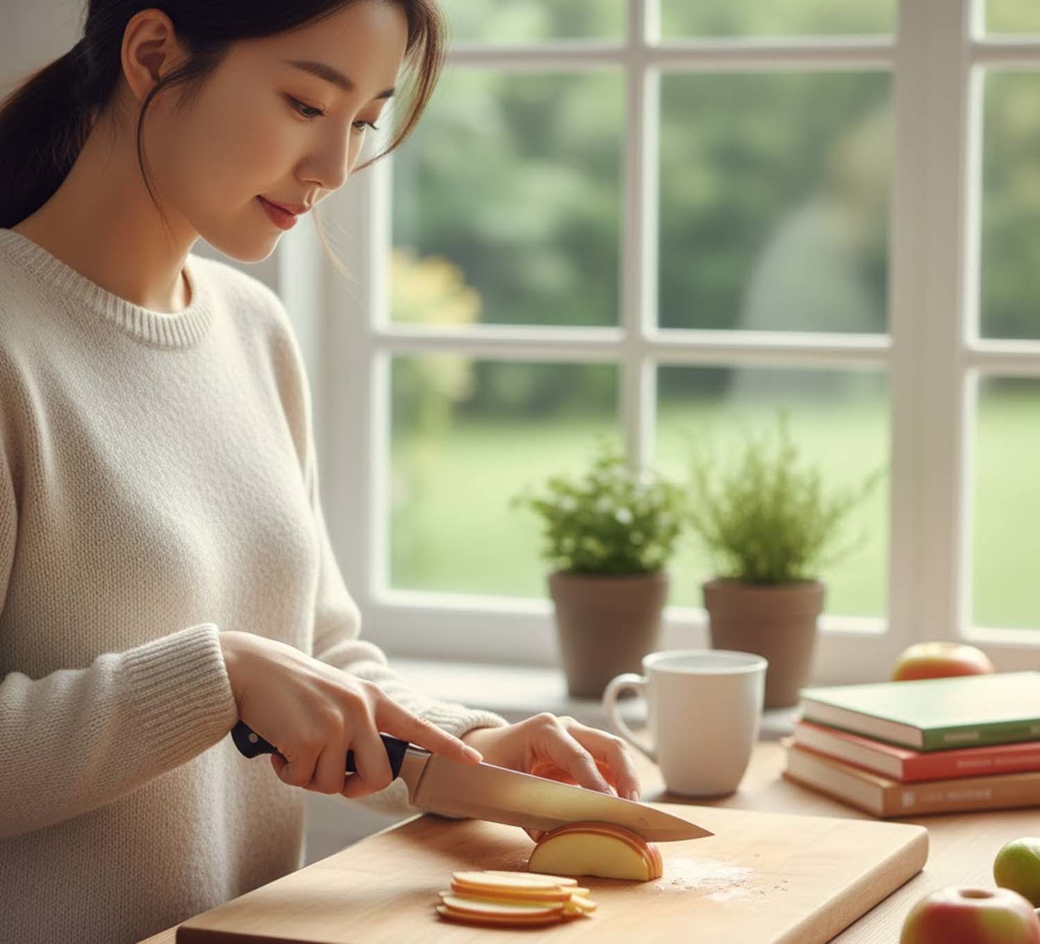 사과를 써는 모습. AI 툴로 만든 사진.