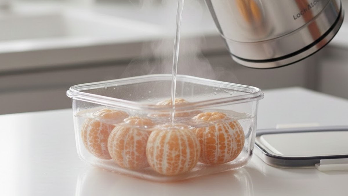 귤에 뜨거운 물을 붓는 모습의 자료사진. AI가 생성한 자료사진.