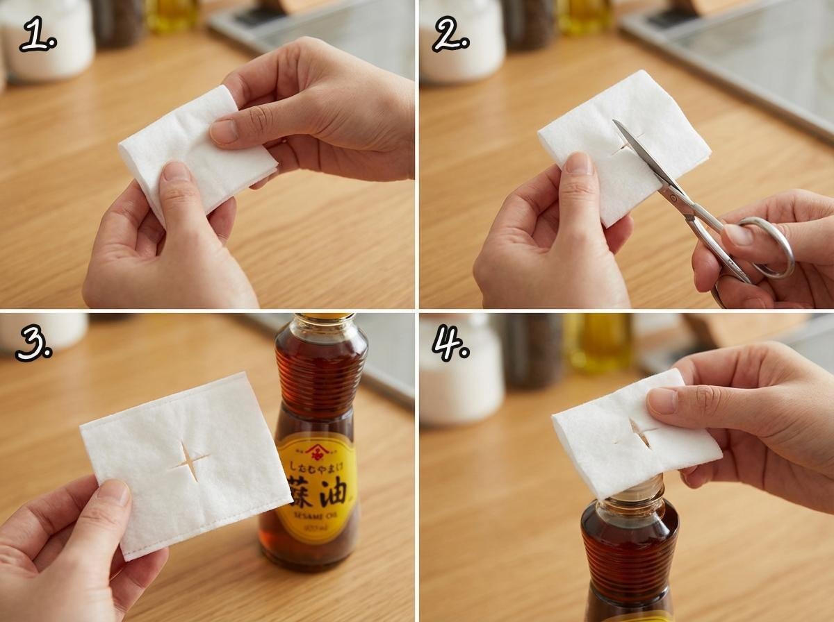 '참기름병 화장솜 꿀팁' 간단 순서. 기사 내용 토대로 AI툴 활용해 제작한 자료사진.