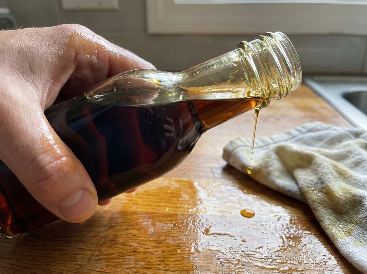 참기름을 한 번만 써도 병목이 미끈거리고, 손잡이와 선반까지 번들거리는 경험은 흔하다. 기사 내용 토대로 AI툴 활용해 제작한 자료사진.