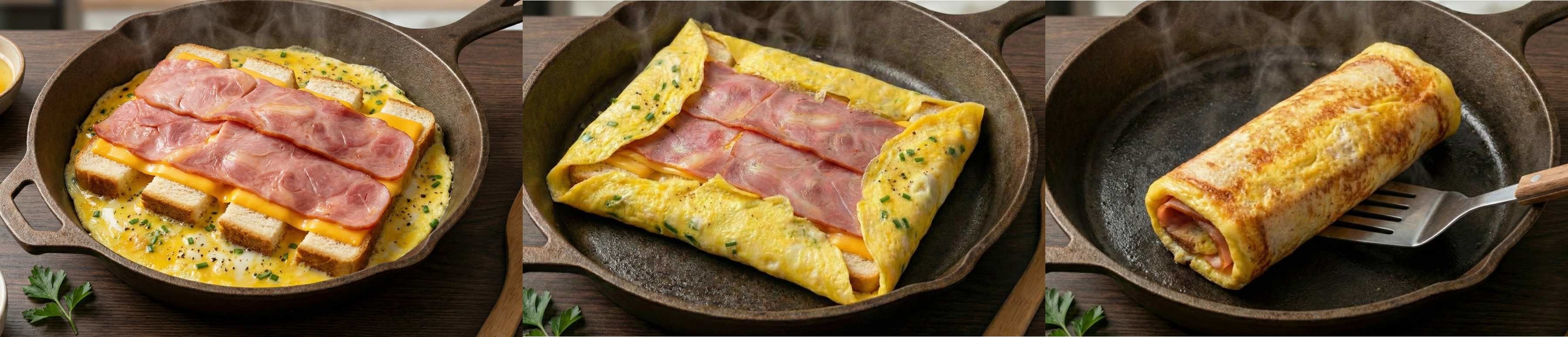 식빵말이 토스트 조리 과정. AI툴로 생성한 자료사진. 식빵을 4등분으로 자르고 사이사이에 계란물을 입혀 이어준다. 이후 토핑을 올린 뒤 계란말이처럼 말아주면 된다.