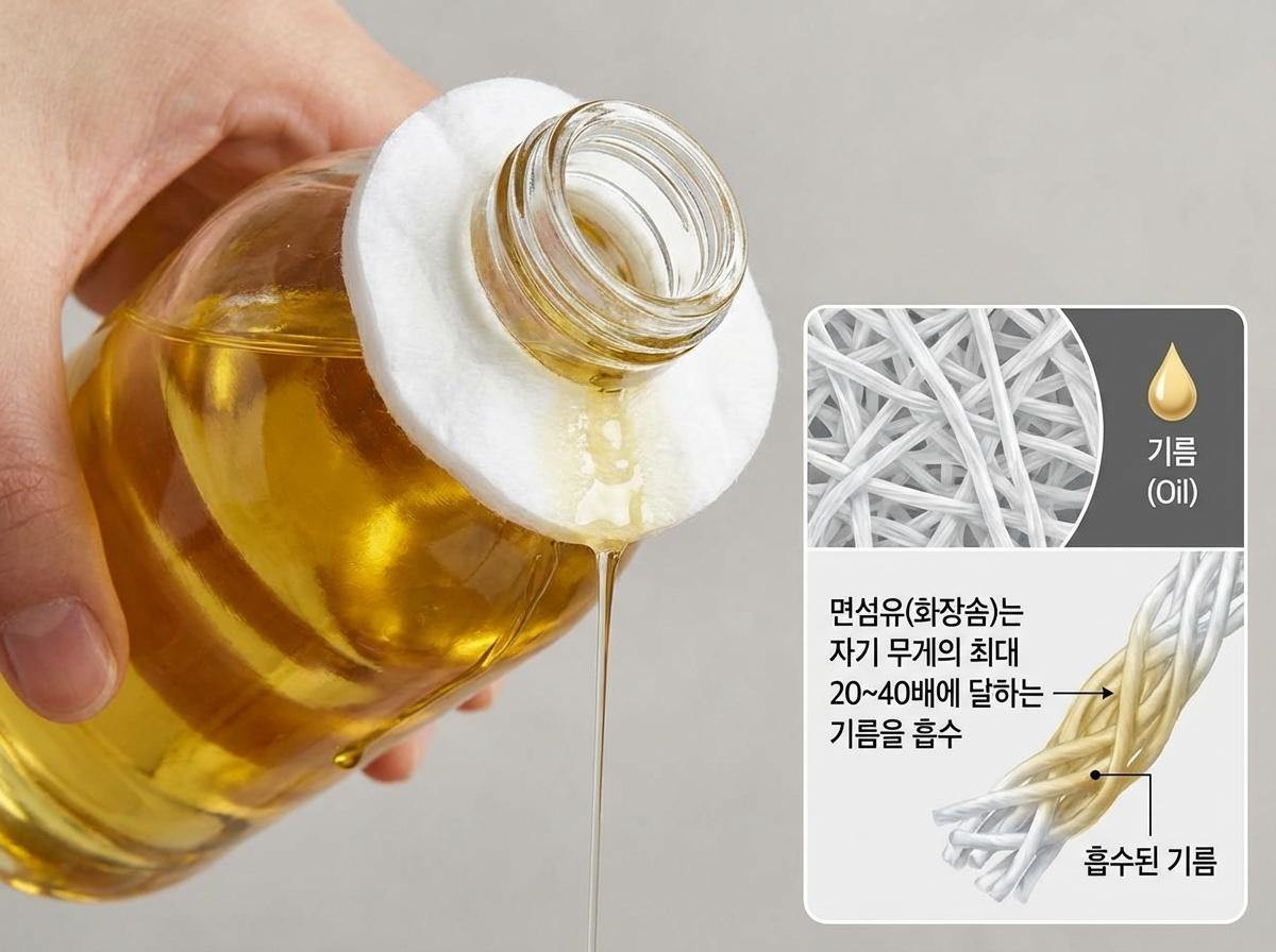 병을 계속 닦는 대신, 솜이 더러워지면 교체하면 된다. 기름때가 쌓여 병 전체를 세척해야 하는 번거로움이 줄어든다. 특히 참기름처럼 향이 강한 기름은 병 외부에 묻은 기름이 산패 냄새를 만들기 쉬운데, 이 방법은 그런 문제도 함께 줄여준다. 기사 내용 토대로 AI툴 활용해 제작한 자료사진.