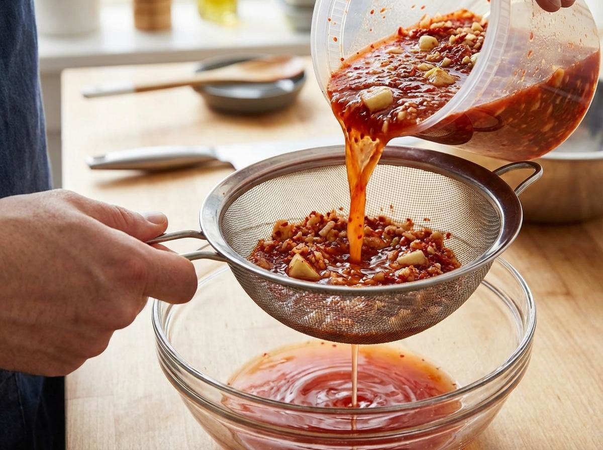 고운 체나 면포로 한 번 걸러 맑은 김치국물만 받아두는 과정이 필요하다. 기사 내용 토대로 AI툴 활용해 제작한 자료사진.