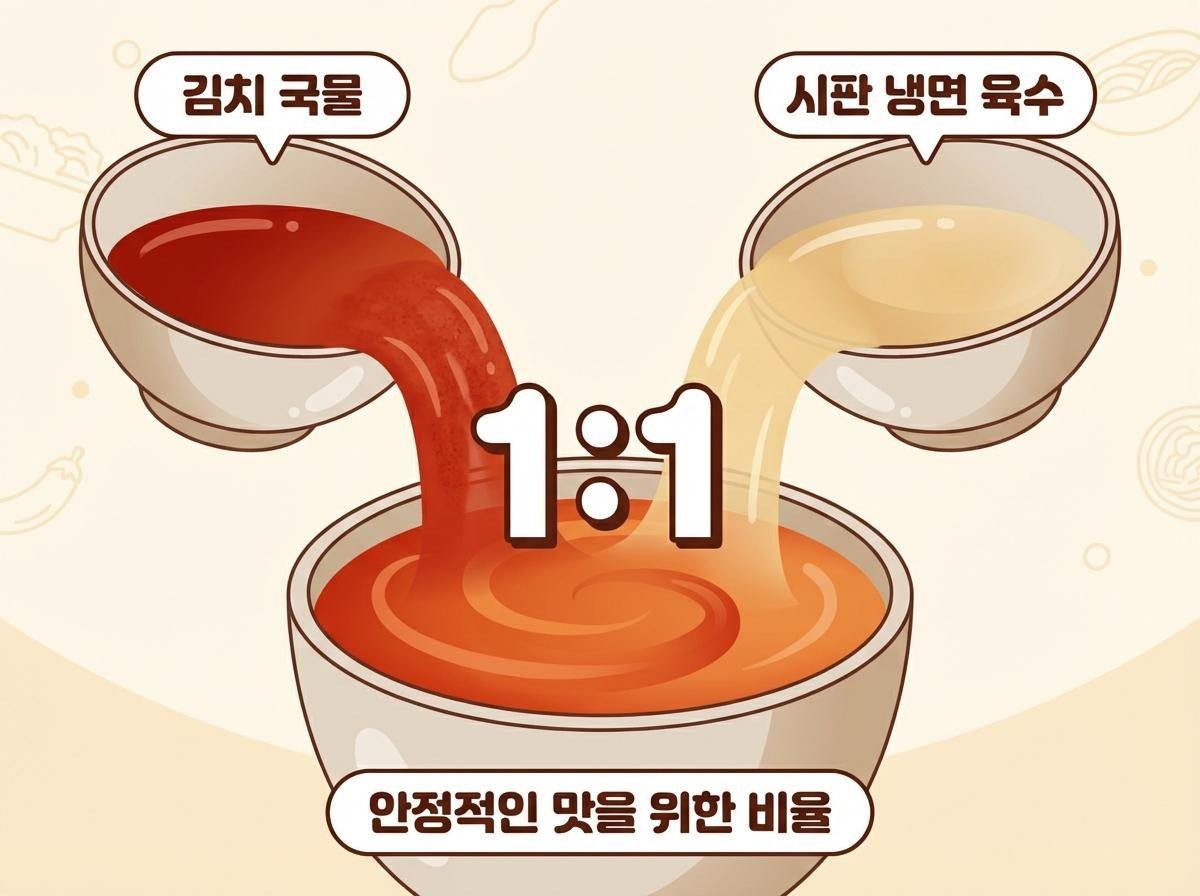 김치국물과 시판 냉면 육수를 1대1로 섞으면 안정적인 맛을 만들기 쉽다. 기사 내용 토대로 AI툴 활용해 제작한 자료사진.
