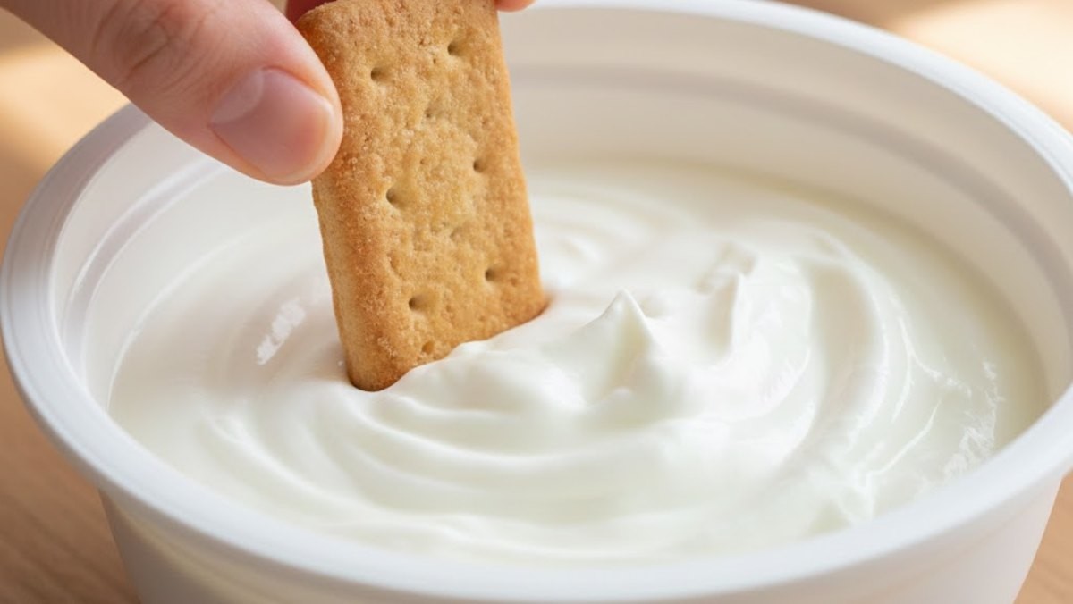 그릭 요거트에 비스킷을 꽂는 모습. 기사 내용을 바탕으로 AI가 생성한 자료사진.