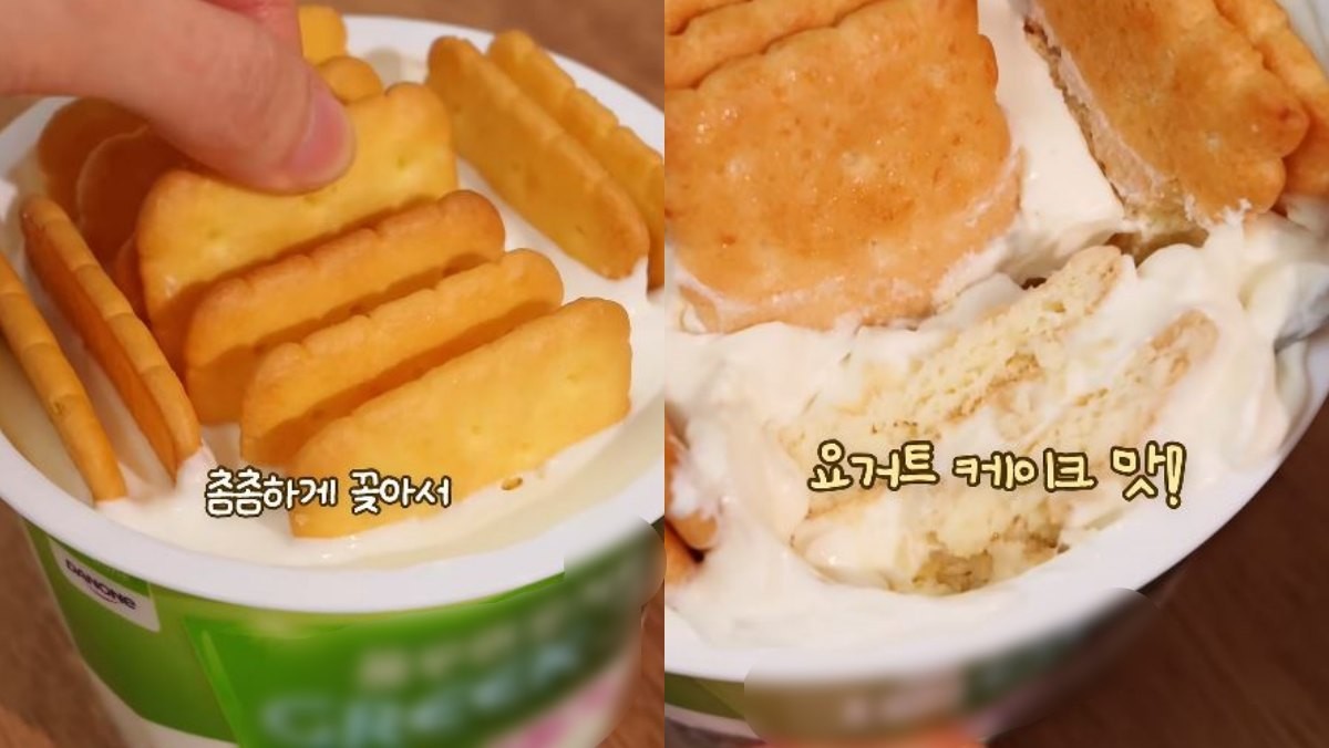 그릭 요거트에 비스킷 제품을 꽂아 넣은 모습(왼)과 하루 동안 냉장고에 숙성한 후 완성된 모습(오). / 유튜브 '지현쿡'