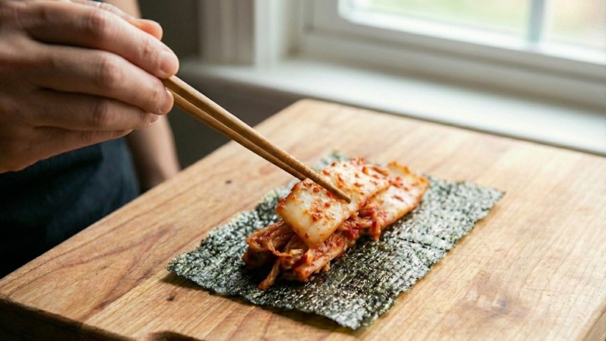 김 위에 김치를 올리는 모습 / 기사 내용을 바탕으로 제작한 AI 이미지