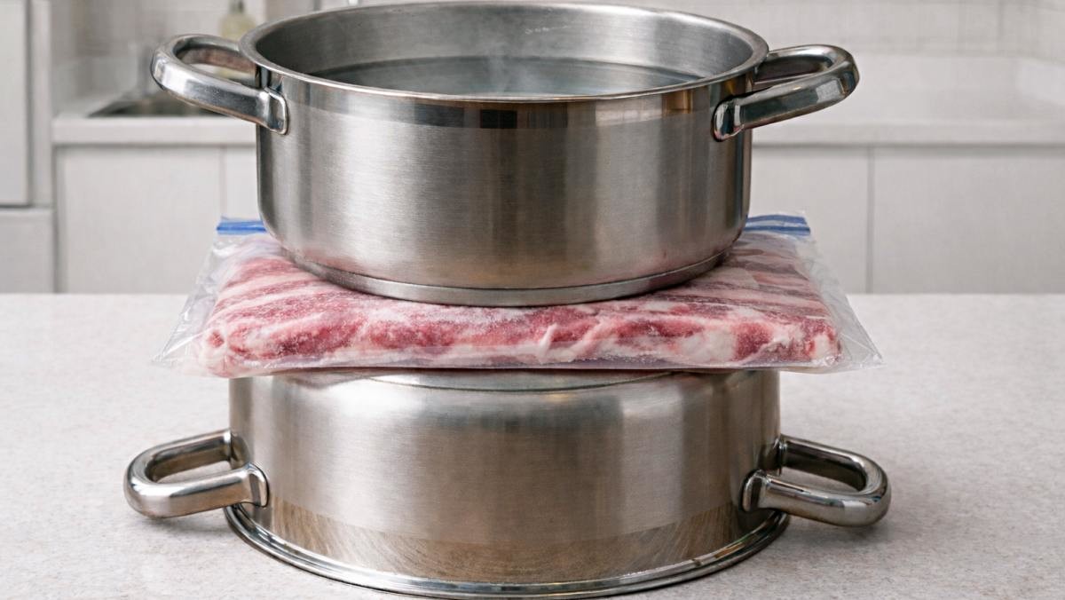 '냄비 사이에 냉동고기를?!' 기사 내용 토대로 AI툴 활용해 제작한 자료사진.