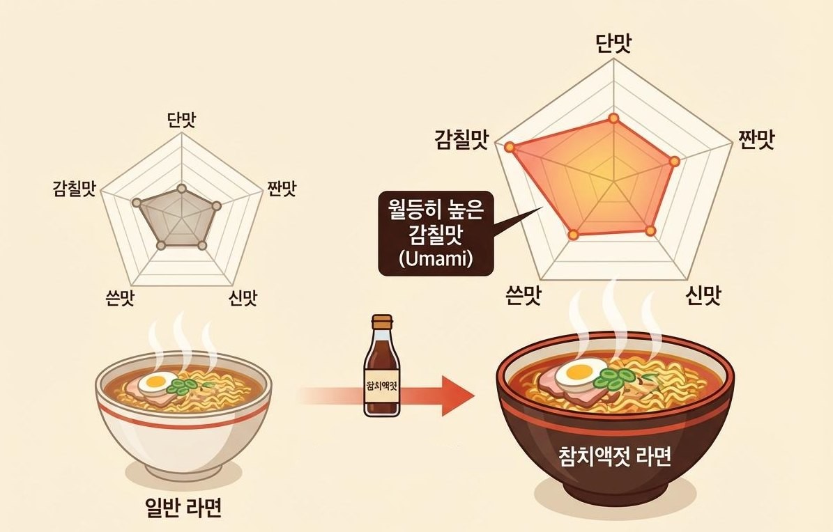 [삽화] 라면에 참치액젓을 넣어 완성한 '참치액젓 라면'. AI가 생성한 자료사진.