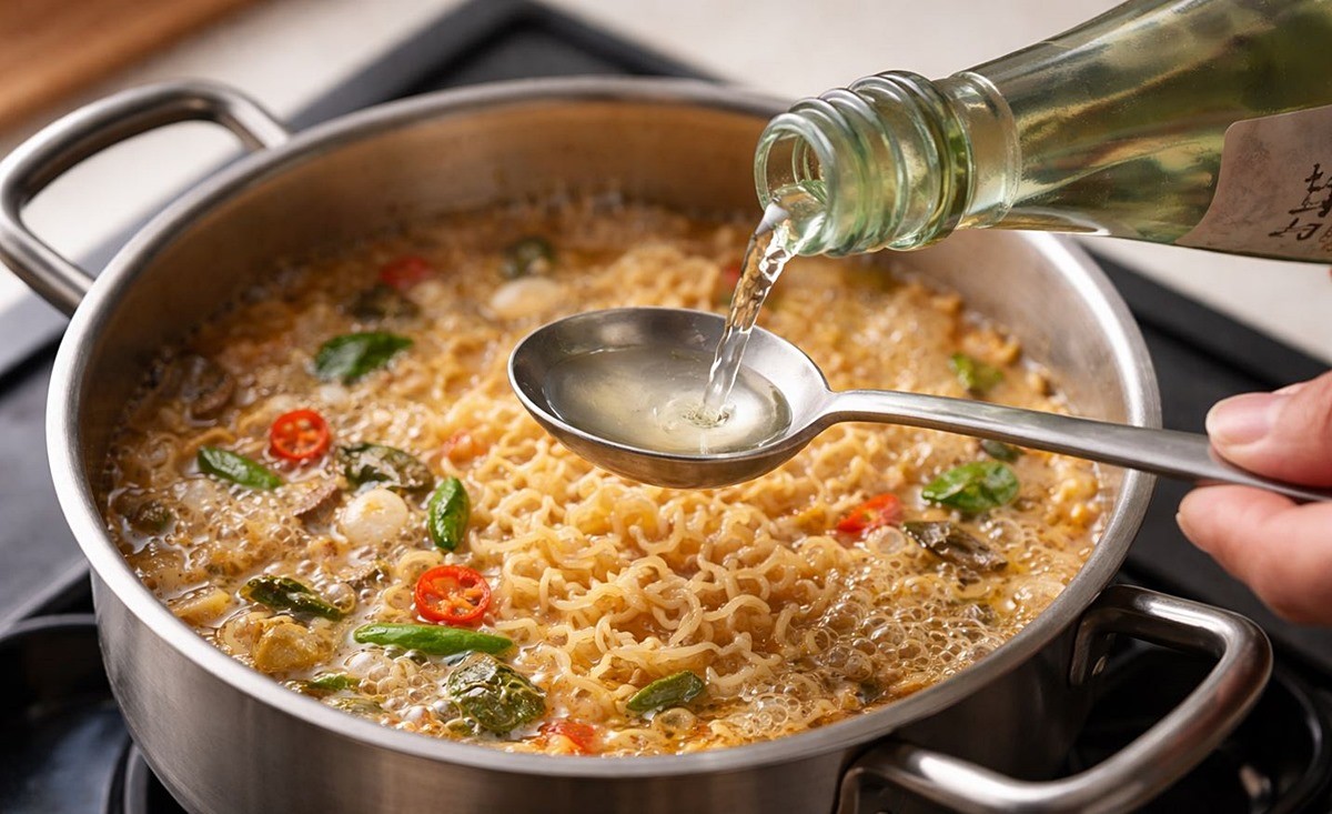 라면에 청주를 넣는 모습. 기사 이해를 돕기 위해 AI를 활용해 제작한 자료 사진입니다. 실제 모습과 다소 차이가 있을 수 있습니다.